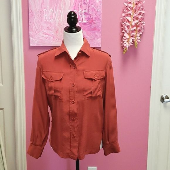 DKNY💕 Orange 100% Silk Shirt Blouse Top - Picture 1 of 9